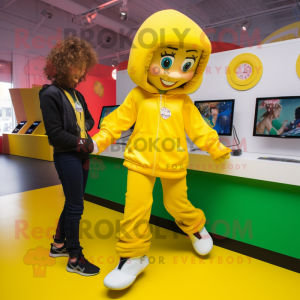 Yellow Irish Dancing Shoes mascot costume character dressed with a Hoodie and Watches