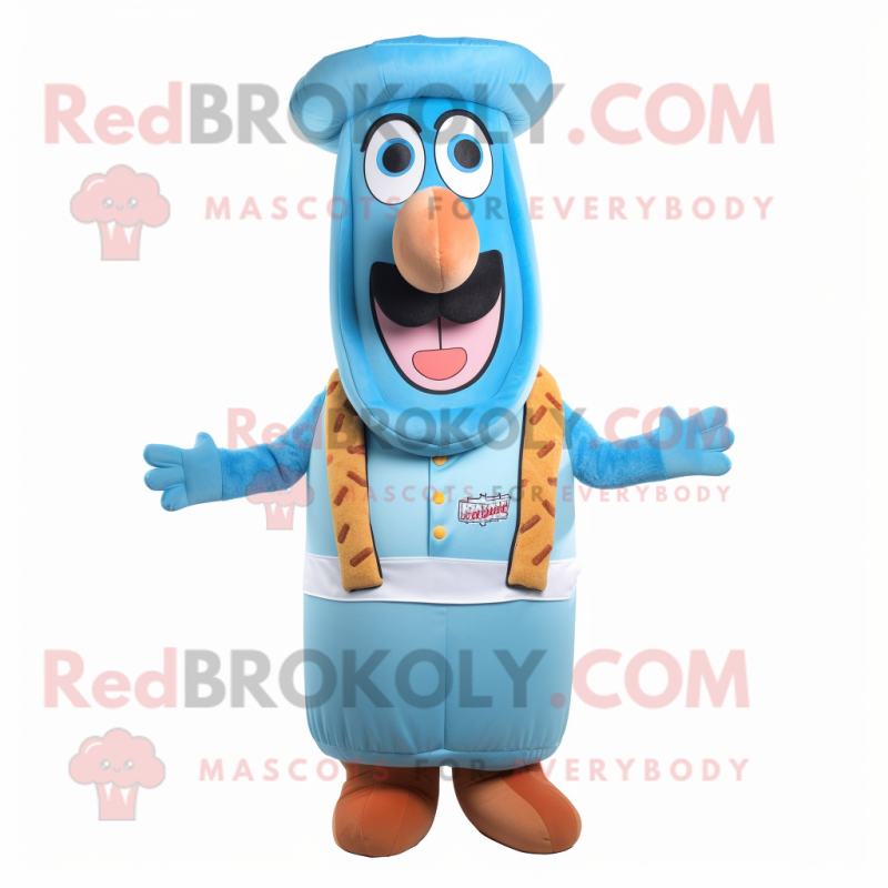 Sky Blue Hot Dogs mascot costume character dressed with a Waistcoat and Cummerbunds