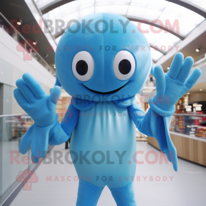 Sky Blue Squid mascot costume character dressed with a Bodysuit and Gloves