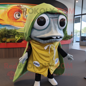 Olive Fish Tacos mascot costume character dressed with a Hoodie and Pocket squares