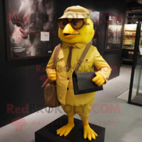 Rust Canary mascot costume character dressed with a Suit Pants and Messenger bags