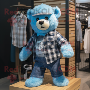 Blue Teddy Bear mascot costume character dressed with a Flannel Shirt and Necklaces