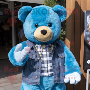 Blue Teddy Bear mascot costume character dressed with a Flannel Shirt and Necklaces