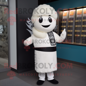 White Sushi mascot costume character dressed with a Vest and Brooches