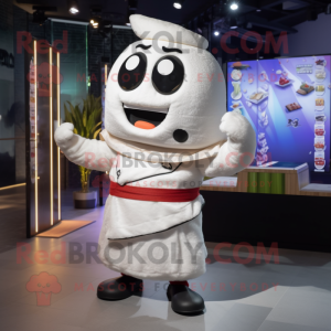 White Sushi mascot costume character dressed with a Vest and Brooches