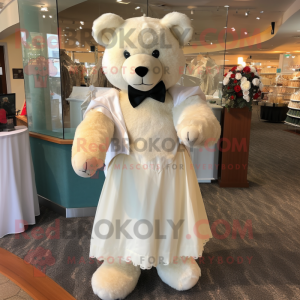 Cream Teddy Bear mascot costume character dressed with a Wedding Dress and Bow ties