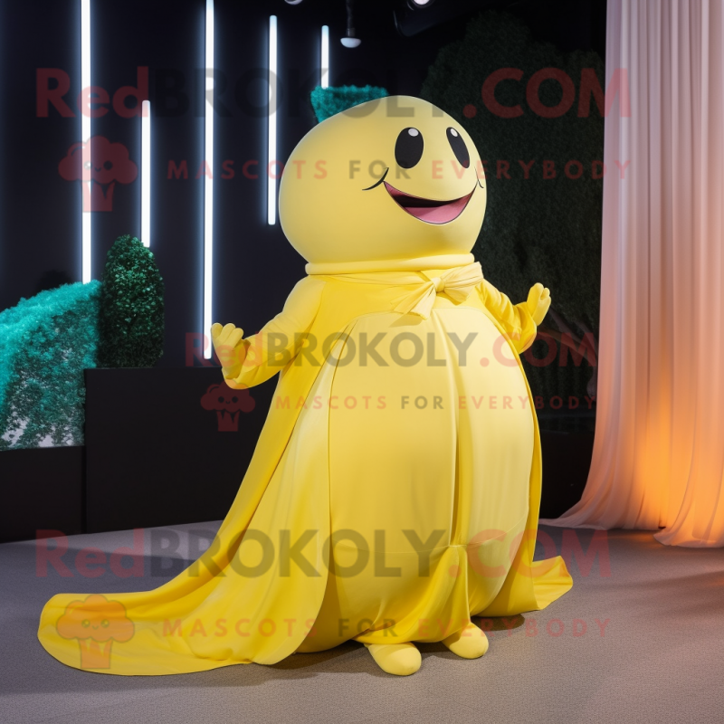 Lemon Yellow Whale mascot costume character dressed with a Evening Gown and Belts