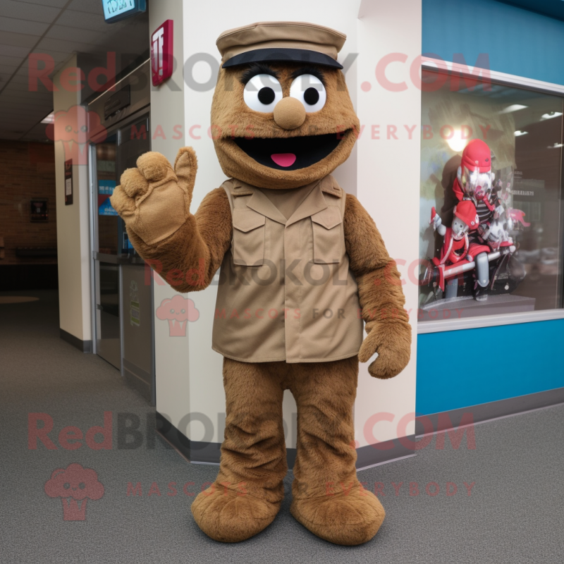 Brown American Soldier mascot costume character dressed with a Skinny Jeans and Mittens