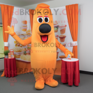Orange Hot Dog mascot costume character dressed with a Empire Waist Dress and Pocket squares
