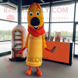 Orange Hot Dog mascot costume character dressed with a Empire Waist Dress and Pocket squares