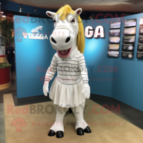 White Quagga mascot costume character dressed with a Mini Skirt and Pocket squares