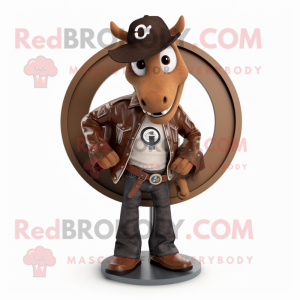 Brown Horseshoe mascot costume character dressed with a Leather Jacket and Shoe clips