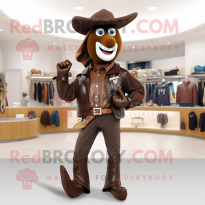 Brown Horseshoe mascot costume character dressed with a Leather Jacket and Shoe clips