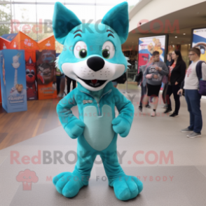 Teal Dingo mascot costume character dressed with a Skinny Jeans and Hairpins