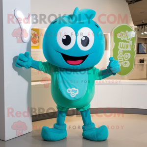 Turquoise Miso Soup mascot costume character dressed with a V-Neck Tee and Rings