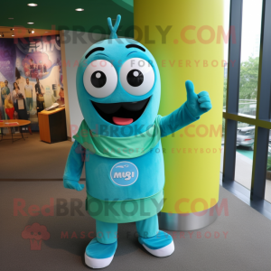 Turquoise Miso Soup mascot costume character dressed with a V-Neck Tee and Rings