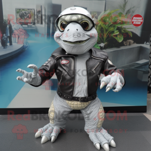 Silver Sea Turtle mascot costume character dressed with a Biker Jacket and Hats