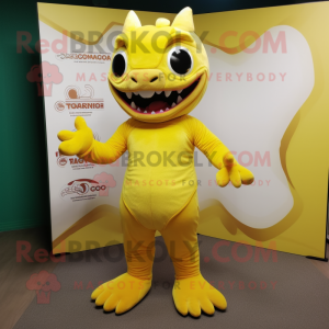 Lemon Yellow Chupacabra mascot costume character dressed with a Chinos and Foot pads