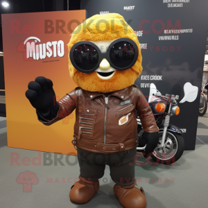 Rust Mango mascot costume character dressed with a Biker Jacket and Reading glasses