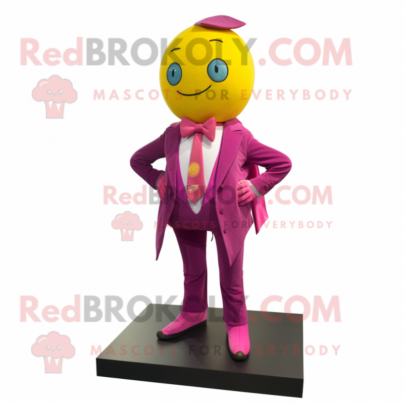 Magenta Lemon mascot costume character dressed with a Jeans and Bow ties