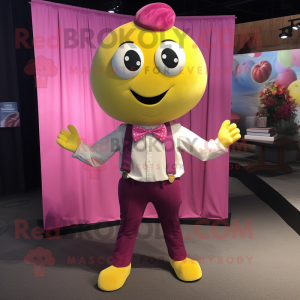 Magenta Lemon mascot costume character dressed with a Jeans and Bow ties