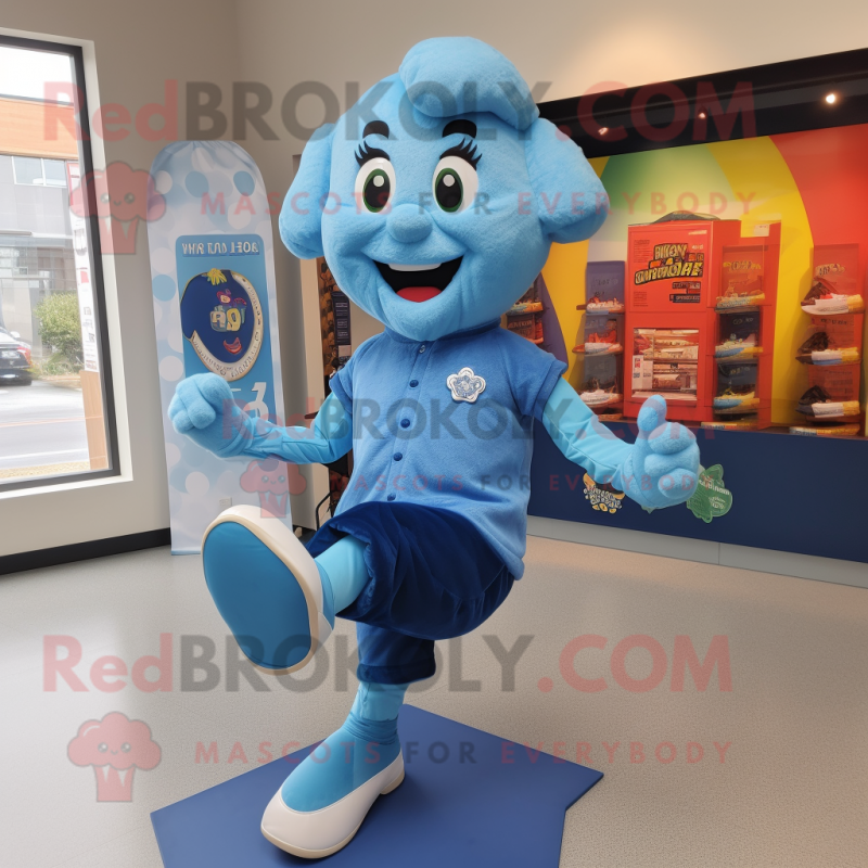 Sky Blue Irish Dancing Shoes mascot costume character dressed with a Jeans and Mittens