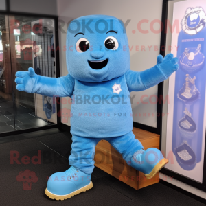 Sky Blue Irish Dancing Shoes mascot costume character dressed with a Jeans and Mittens