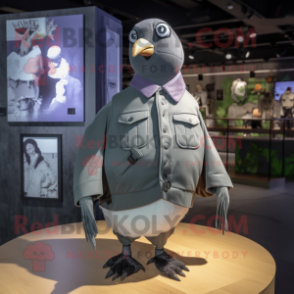 nan Pigeon mascot costume character dressed with a Bomber Jacket and Lapel pins