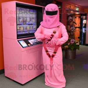 Pink Gi Joe mascot costume character dressed with a Wrap Dress and Shawl pins