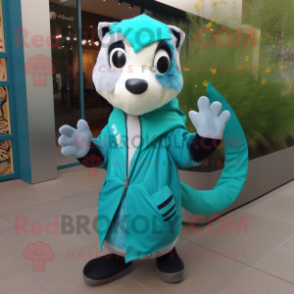 Turquoise Skunk mascot costume character dressed with a Raincoat and Scarves