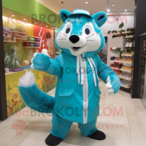 Turquoise Skunk mascot costume character dressed with a Raincoat and Scarves