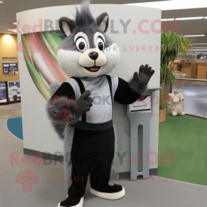 Gray Skunk mascot costume character dressed with a Sheath Dress and Clutch bags