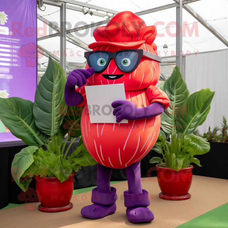 Red Cabbage mascot costume character dressed with a Flare Jeans and Reading glasses