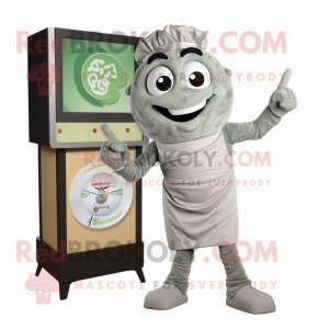 Gray Pesto Pasta mascot costume character dressed with a Romper and Watches