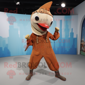 Rust Swordfish mascot costume character dressed with a Overalls and Shawls