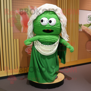 Forest Green Ramen mascot costume character dressed with a A-Line Skirt and Shawl pins