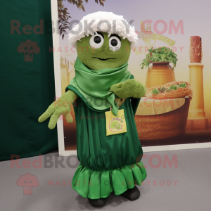 Forest Green Ramen mascot costume character dressed with a A-Line Skirt and Shawl pins