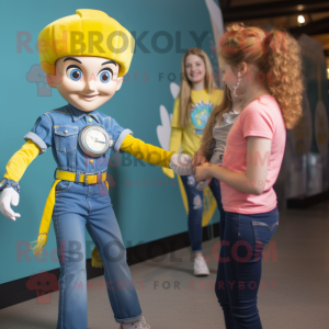 Yellow Irish Dancer mascot costume character dressed with a Denim Shirt and Bracelet watches