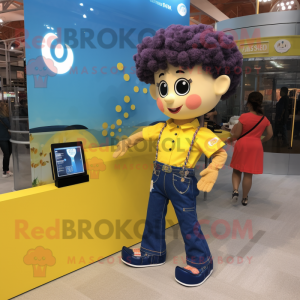 Yellow Irish Dancer mascot costume character dressed with a Denim Shirt and Bracelet watches