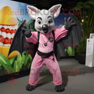 Pink Fruit Bat mascot costume character dressed with a Jeggings and Rings