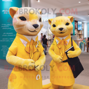 Yellow Jaguarundi mascot costume character dressed with a Pencil Skirt and Scarf clips