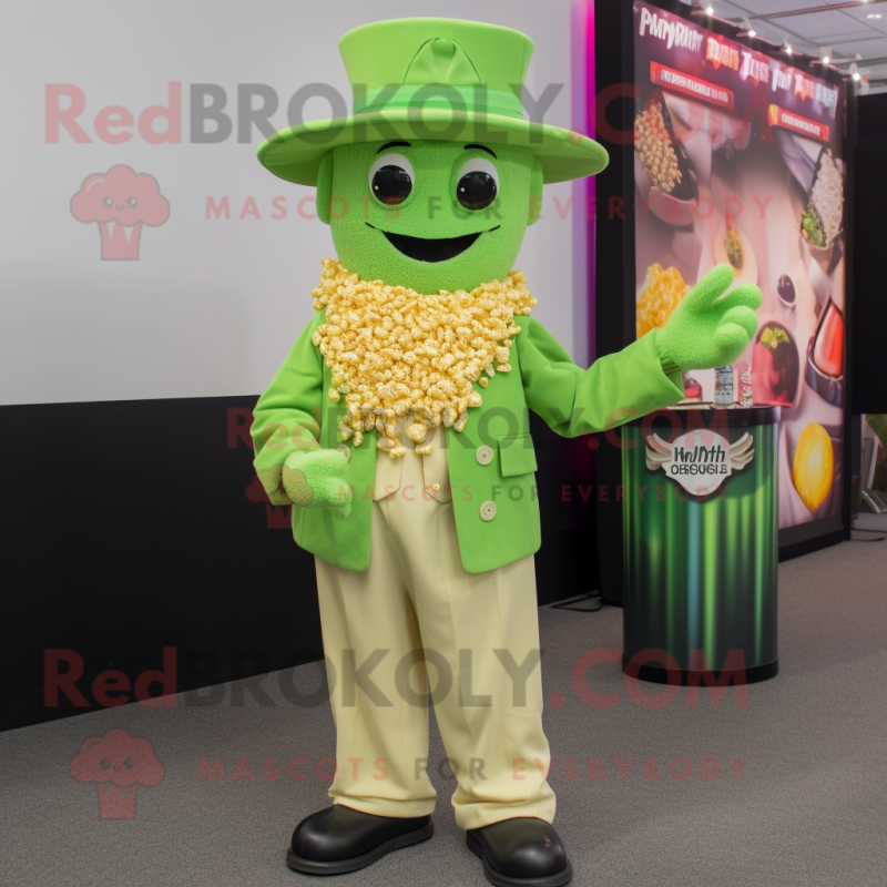 Lime Green Pop Corn mascot costume character dressed with a Oxford Shirt and Hat pins