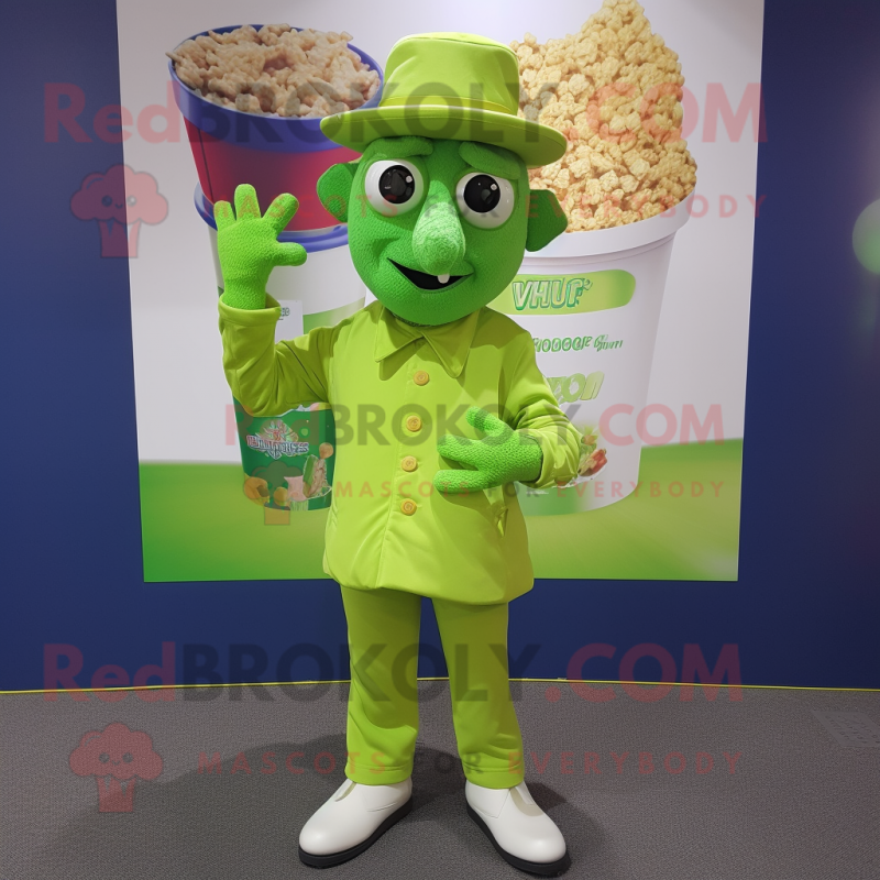 Lime Green Pop Corn mascot costume character dressed with a Oxford Shirt and Hat pins