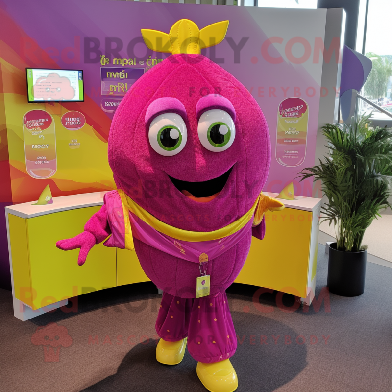 Magenta Lemon mascot costume character dressed with a Cover-up and Tie pins
