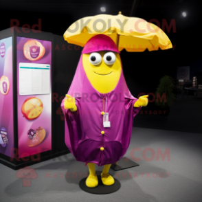 Magenta Lemon mascot costume character dressed with a Cover-up and Tie pins
