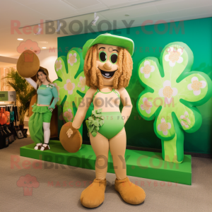 Tan Bunch Of Shamrocks mascot costume character dressed with a One-Piece Swimsuit and Coin purses