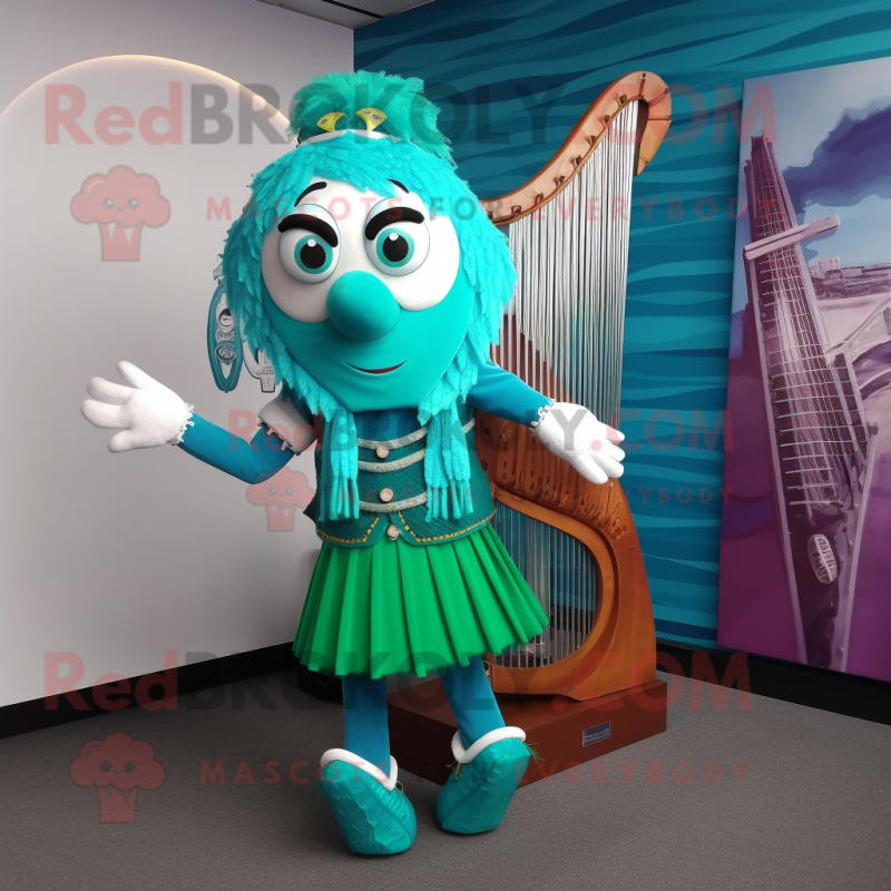 Turquoise Celtic Harp mascot costume character dressed with a Vest and Shoe clips