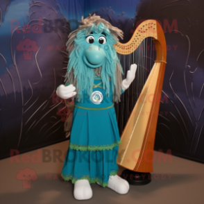 Turquoise Celtic Harp mascot costume character dressed with a Vest and Shoe clips