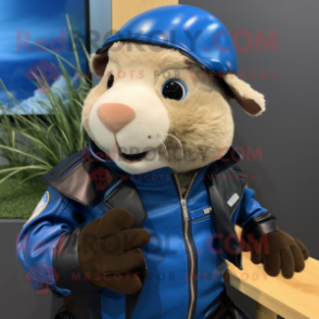 Blue Guinea Pig mascot costume character dressed with a Moto Jacket and Caps