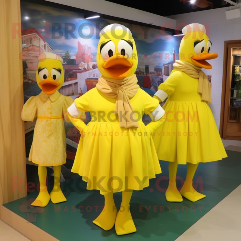 Lemon Yellow Geese mascot costume character dressed with a Mini Dress and Scarves